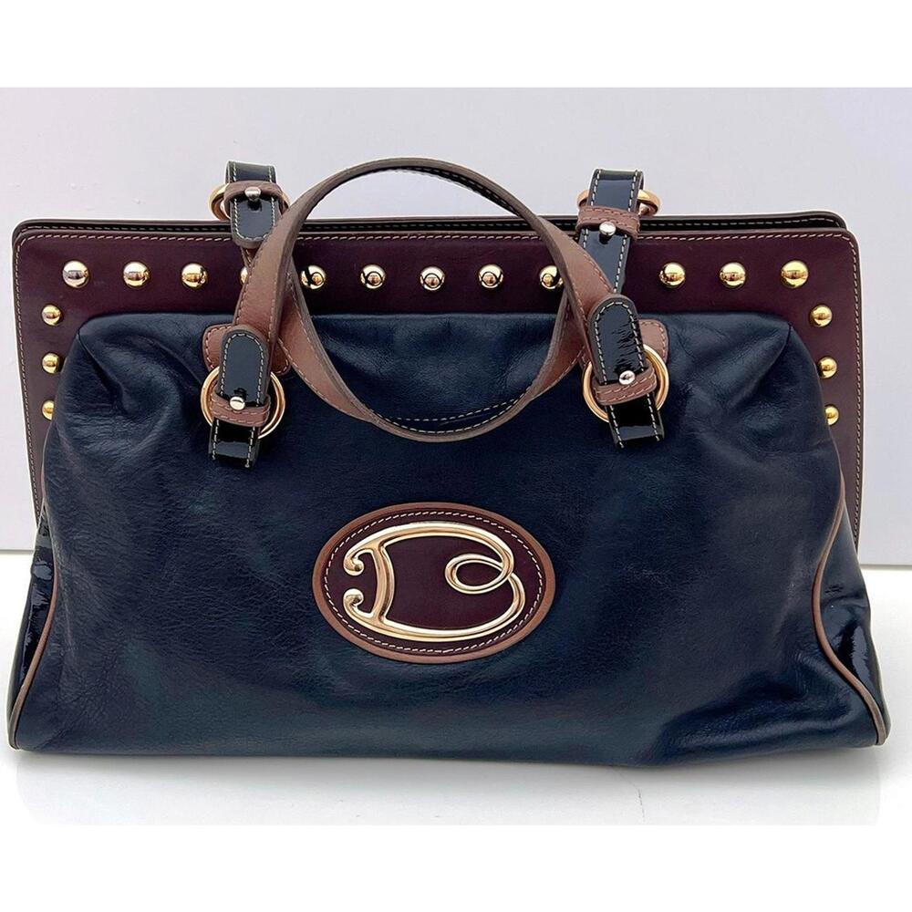 Authentic BRACCIALINI Italy Black Leather Studded Tote Bag Gold Logo RARE